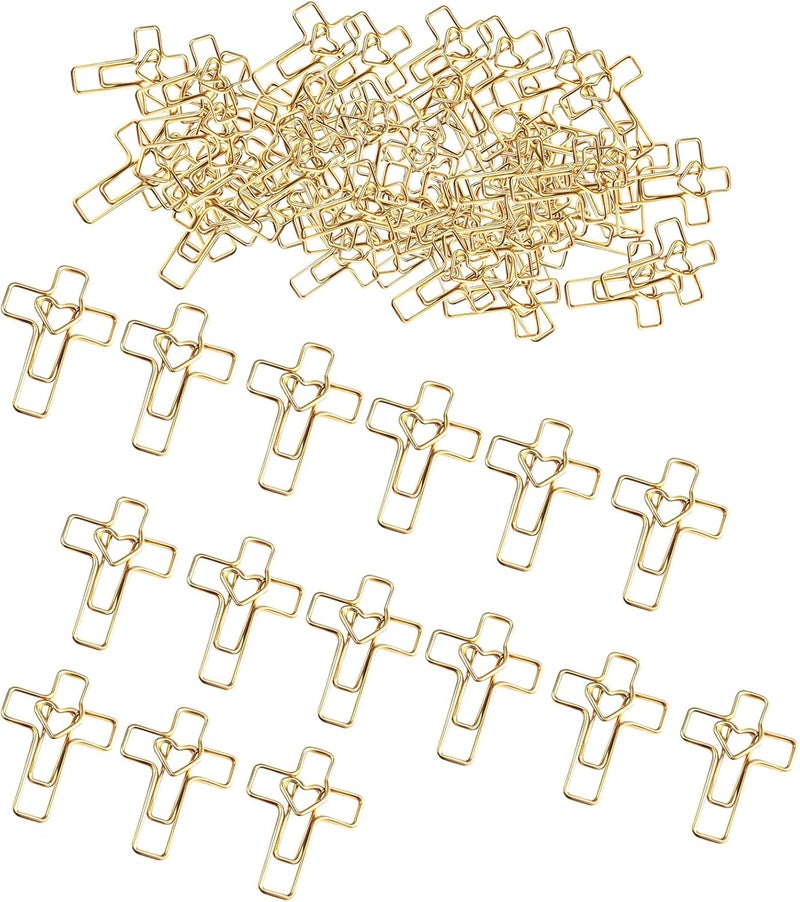 ajabavbd 200PCS Gold Heart Cross Paper Clips, Heart Cross - Bible Study Supplies, christian gifts for women Jesus Bible Stuff bookmark journaling supplies accessories, easter eggs fillers, valentines day cards - Image 1